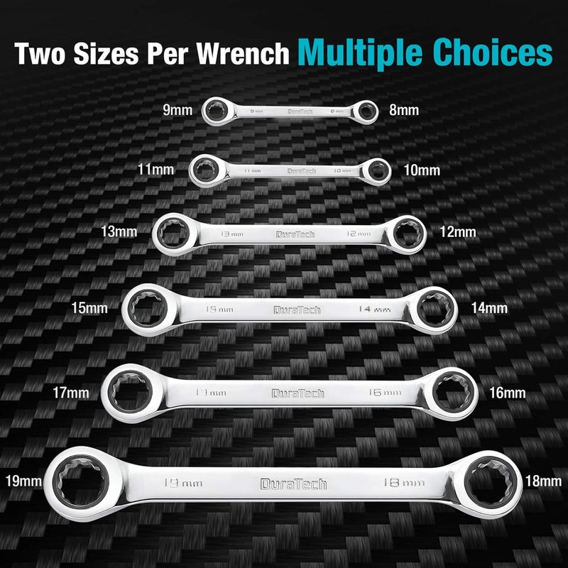 DURATECH Double Box End Ratcheting Wrench Set, Metric, 6-Piece, 8-19mm, CR-V Steel, with Rolling Pouch - Image 2